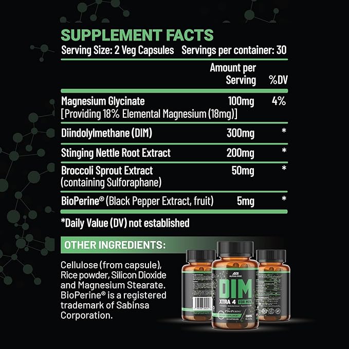 Premium DIM Supplement for Men | Estrogen Blocker & Aromatase Inhibitor | Diindolylmethane, Nettle Root Extract, Magnesium Glycinate & Sulforaphane | Hormone Balance & Liver Protection | 60 Capsules