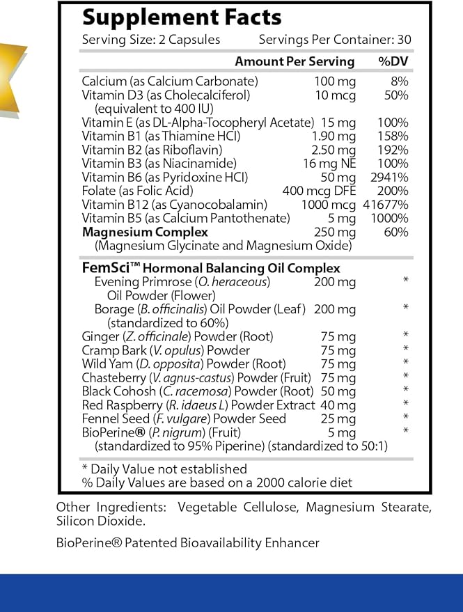 PMS Support - All Natural Hormonal Balance - Cycle Regulator, Mood and Energy Enhancer, Skin Support - Evening Primrose Oil, Calcium, Bioperine - 60 Capsules