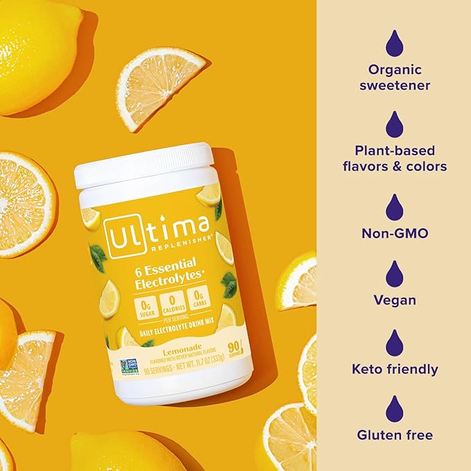 Ultima Replenisher Daily Electrolyte Powder Drink Mix – Lemonade, 90 Servings – Hydration Powder with 6 Key Electrolytes and Trace Minerals – Keto Friendly, Vegan, Non-GMO and Sugar-Free