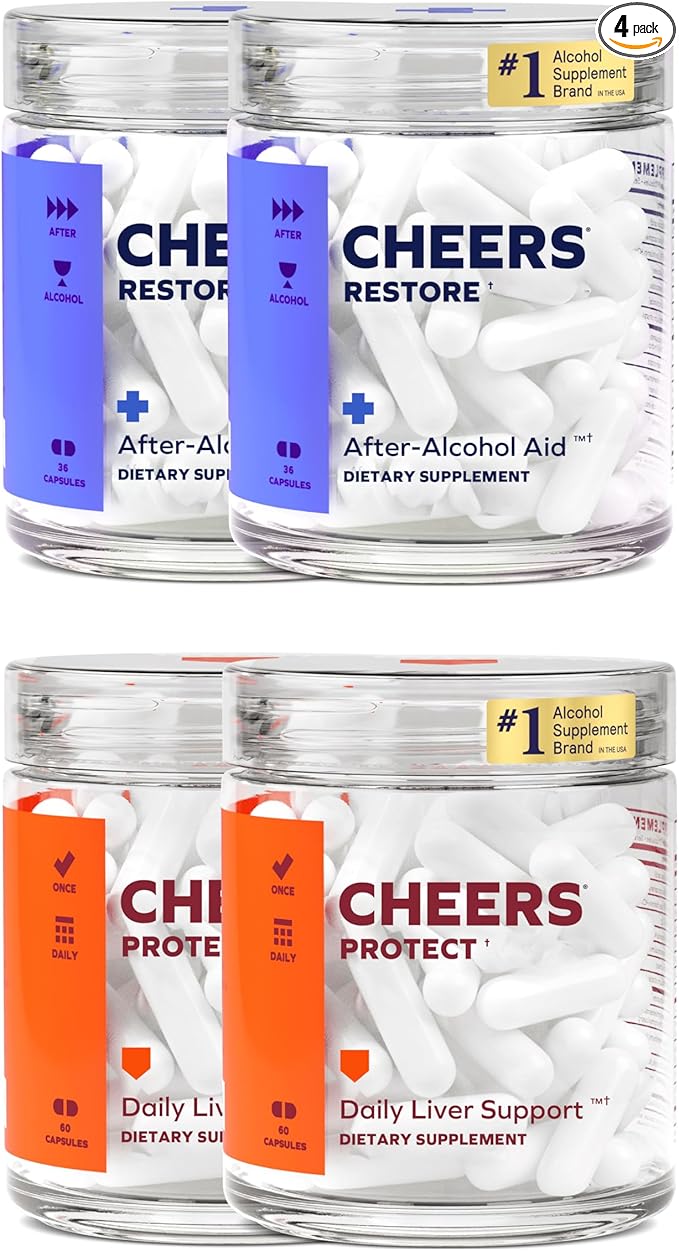 Cheers Liver Combo | Restore + Protect | Support Your Liver & Feel Better After Drinking | DHM, L-Cysteine, Milk Thistle, Prickly Pear, B-Vitamins | 24 Doses Restore, 60 Doses Protect | Supplements