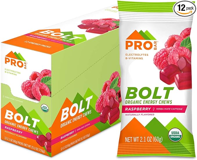 PROBAR - BOLT Organic Energy Chews, Raspberry, Non-GMO, Gluten-Free, USDA Certified Organic, Healthy, Natural Energy, Fast Fuel Gummies with Vitamins B & C (12 Count)