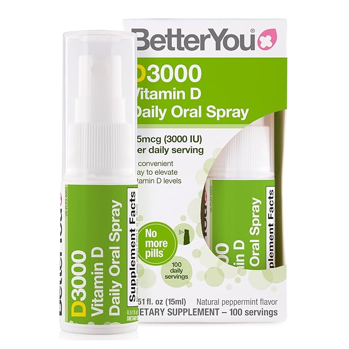 BetterYou D3000 Vitamin D Oral Spray - Convenient Alternative for Tablets - Promotes Strong Bones, Teeth and Immune System - Aids in Calcium Absorption - Natural Peppermint Flavor - 0.5 oz