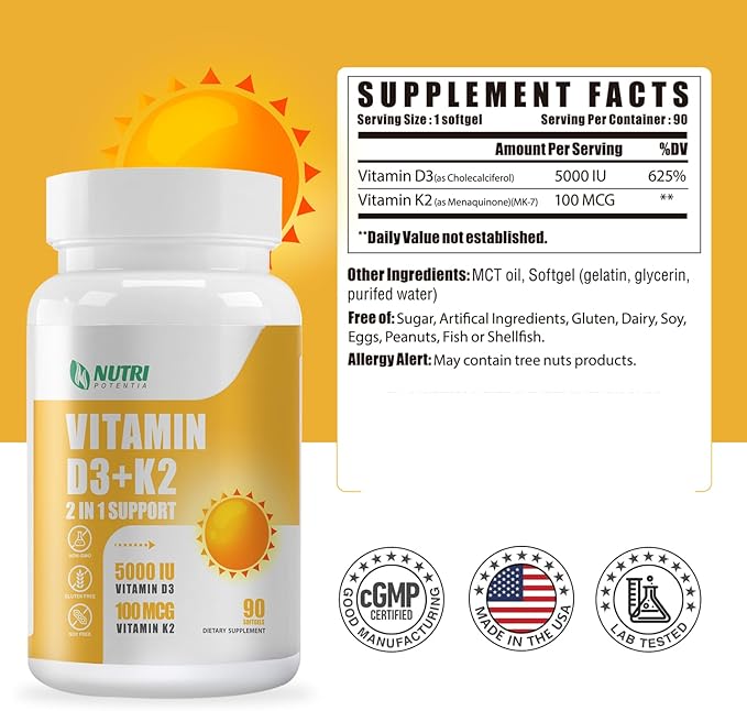 Vitamin D3 K2 Supplement with MCT Oil, Vitamin D3 5000 IU and K2 100 mcg Softgel, Bone and Heart Health Support Supplement, Gluten Free - 90 Count Softgels