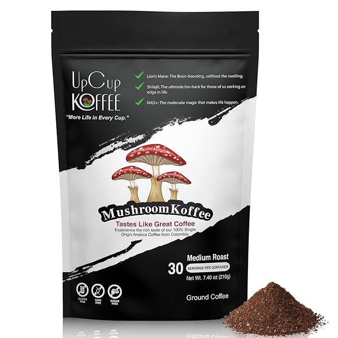UpCup Koffee Functional Ground Mushroom Coffee - Includes Lions Mane, NAD+, & Himalayan Shilajit for Immune Support & Cognitive Boost - Made with Colombian Beans, Shilajit, & Lion's Mane Mushroom