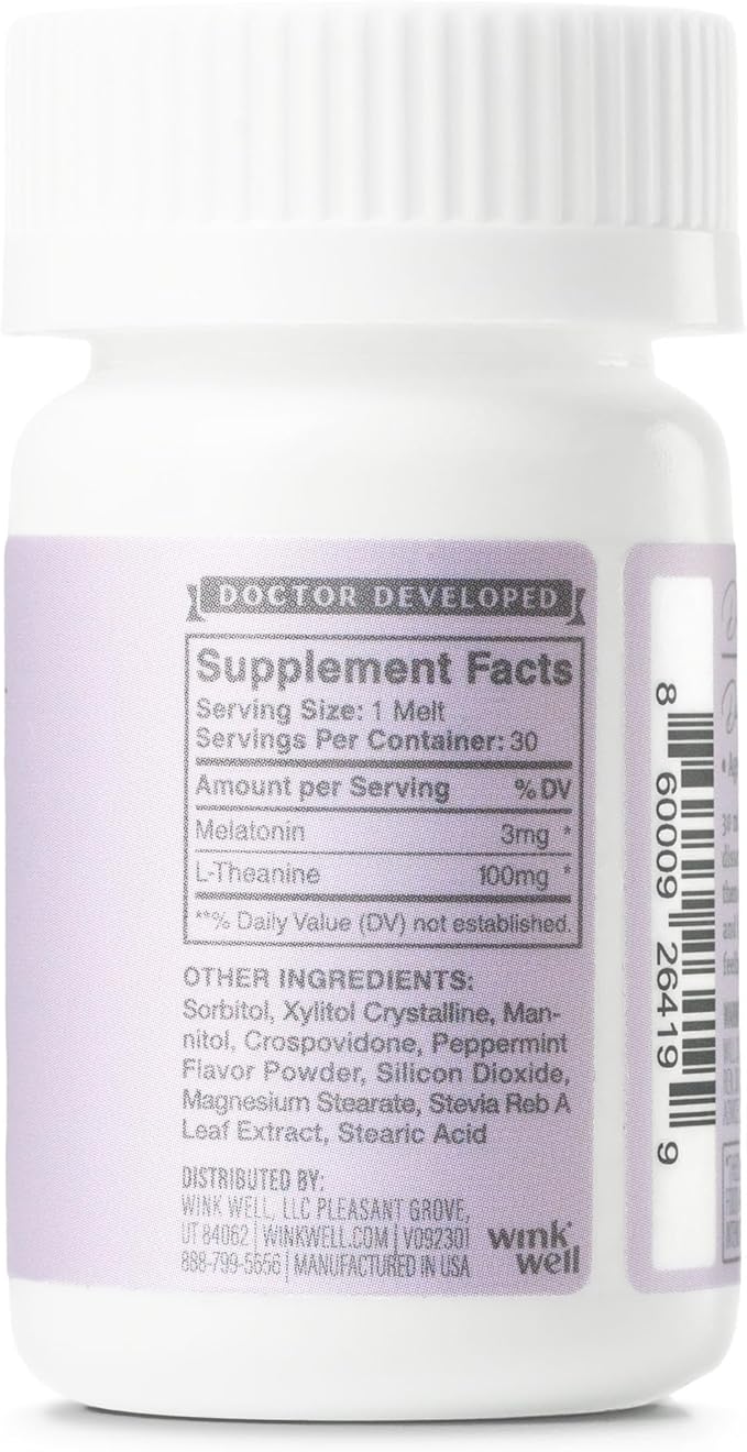 Wink Well 3 mg Melatonin Sugar Free Sleep Melts for Adults- Nighttime Natural Sleep Aid to Help Increase Sleep, Boost Immune System- Easy Dissolvable Sleep Supplement- 30 Tablets