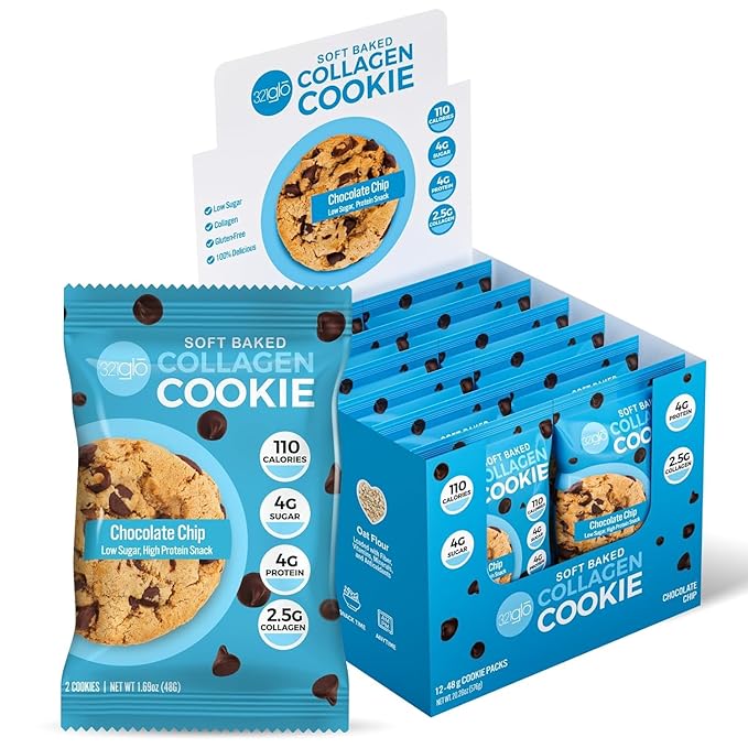 321glo Collagen Cookies | Soft Baked, High Protein Cookies | Low Carb, Low Sugar | Keto Snack for Women, Men, & Kids | 12 Pack (Chocolate Chip)
