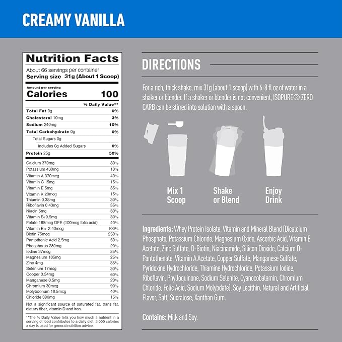 Isopure Zero Carb 100% Pure Whey Isolate Protein Powder, Lactose Free, Gluten Free, With Vitamins, Creamy Vanilla, 25g Protein Per Serving, 4.5 Lbs, 66 Servings