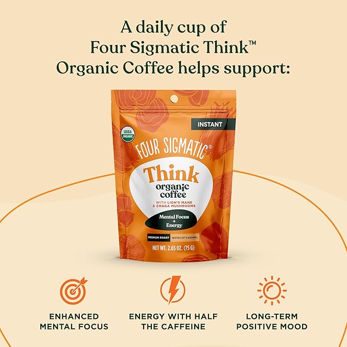 Four Sigmatic Organic Mushroom Coffee | Instant Mushroom Coffee Mix with Lion's Mane, Chaga and Rhodiola for Better Focus and Immune Support | 30 Serving Bag