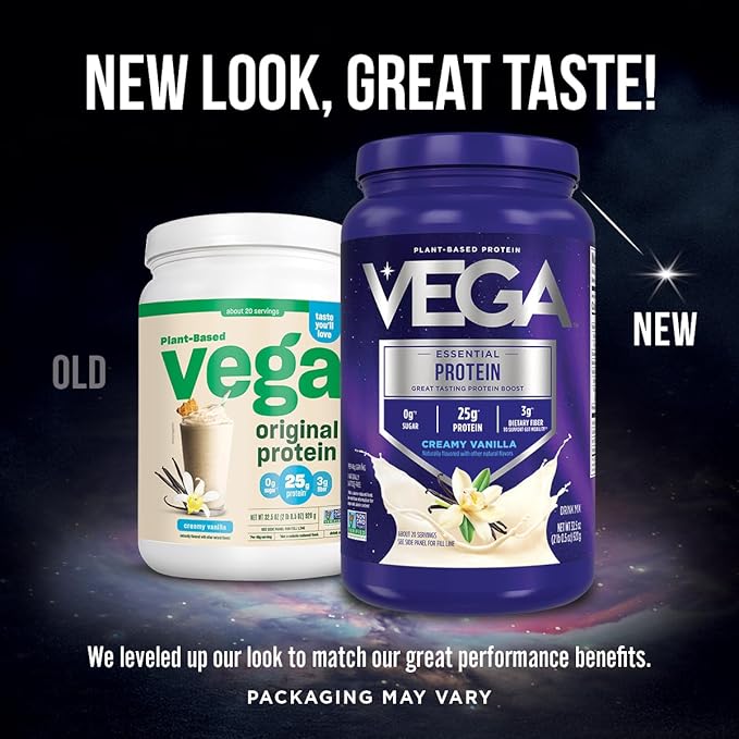 Vega Original Protein Powder, Creamy Vanilla Plant Based Protein Drink Mix for Water, Milk and Smoothies, 32.5 oz (Packaging May Vary)