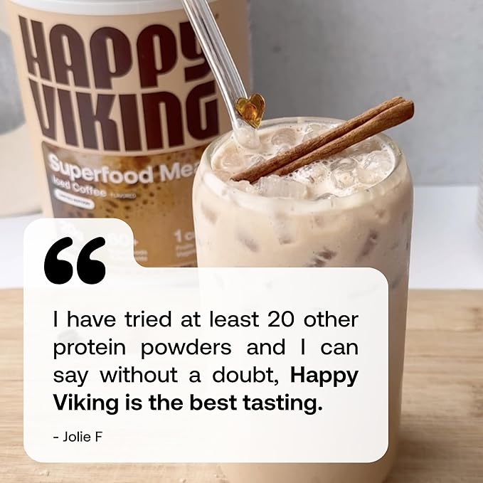 Happy Viking Iced Coffee Protein Powder, Created by Venus Williams, 20G Protein, Low Carb, Keto, Vegan, Gluten-Free, Non-GMO, Superfoods, Complete Meal Replacement, 1 Canister (24 oz.)