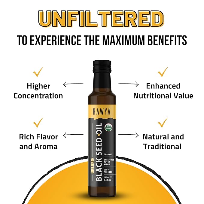 RAWYA Black Seed Oil - Organic Cold Pressed Nigella Sativa - Turkish Origin - USDA Organic - Natural Supplement - Black Cumin Seed Oil - Rich Flavor & High Concentration - 250ml Glass Bottle
