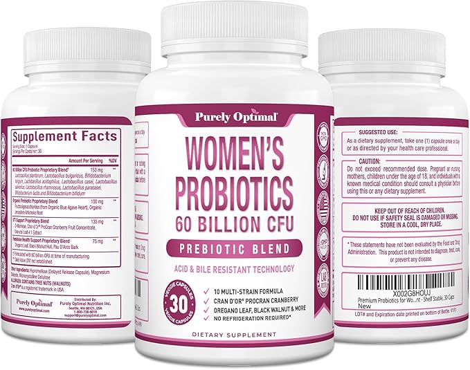 Purely Optimal Women's Probiotic Supplement - 60 Billion CFU with Prebiotics, 10 Strains Including Lactobacillus & Bifidobacterium, Digestive & Vaginal Health Support, UTI Defense - 30 Capsules