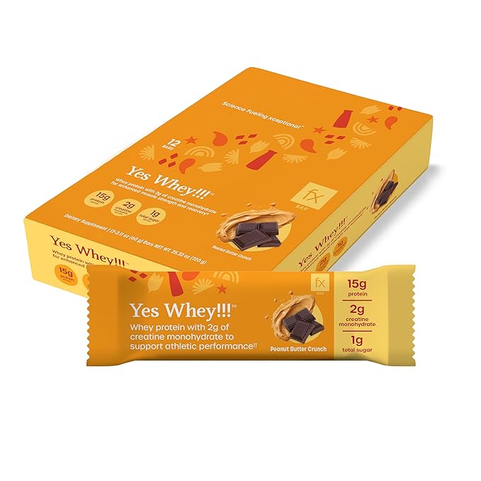 Fx Yes Whey Bar, Peanut Butter Crunch - 15g Whey Protein Bar with Creatine to Support Muscles, Energy & Peak Performance - 1g Sugar (12 Bars)