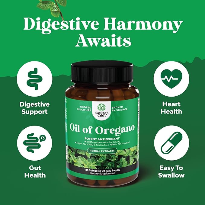 Vegan Wild Oregano Oil Softgels 3000mg Herbal 70% Carvacrol (180CT)