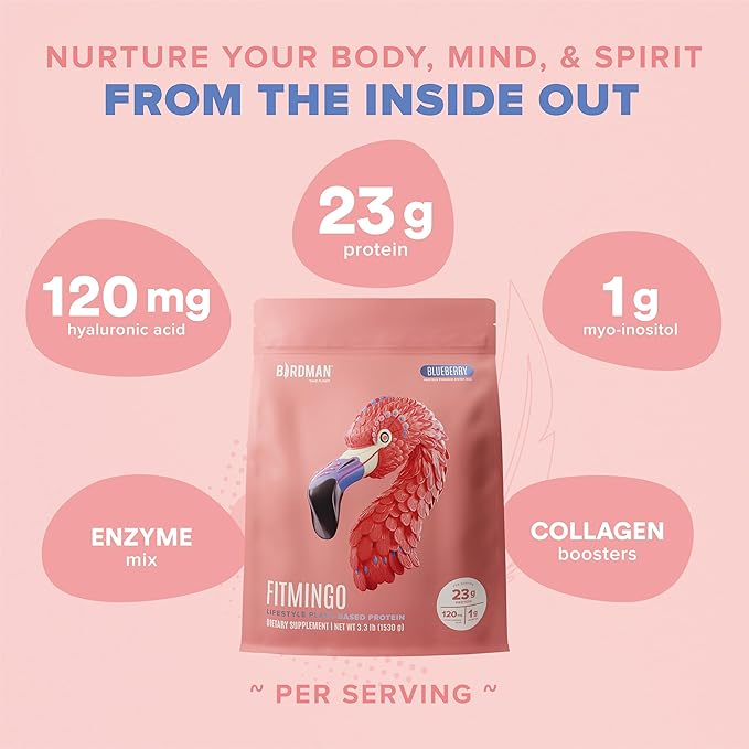 Birdman Fitmingo Vegan Protein Powder for Women with Inositol, Collagen Boosters, Hyaluronic Acid & Vitamins | Low Carb, Dairy Free, Lactose Free, Low Calorie, 22g Plant Based Blueberry Protein Powder