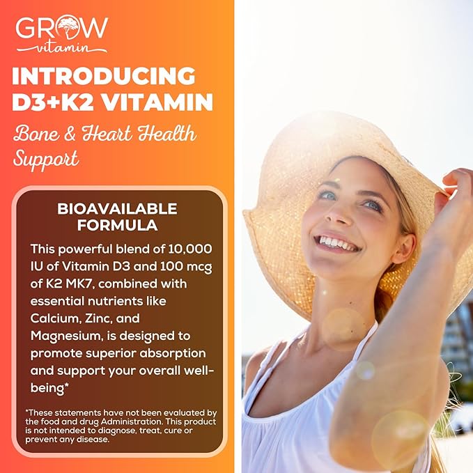 grow vitamin D3 K2 w/MCT Oil - 10,000 IU D3, 100 mcg K2 MK7, Calcium, Zinc, BioPerine, Magnesium for Superior Absorption - 60 Capsules