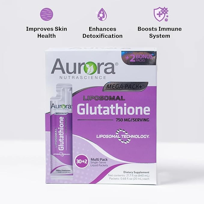 Aurora Nutrascience Mega-Liposomal Liquid Glutathione, Immune System Support, Antioxidant, 750 mg per Serving, 32 Packets, Non-GMO, Sugar-Free, 21.7 fl oz (640 mL)