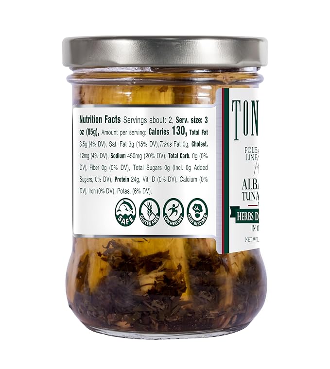 Tonnino Albacore Tuna in oilve oil with Herbs de Provence 6-Pack Omega-3 Rich, High Protein, Gluten-Free, Ready-to-Eat Tuna Packets for Tuna Salad, Tuna Fish Alternative to Salmon, Pole & Line Caught