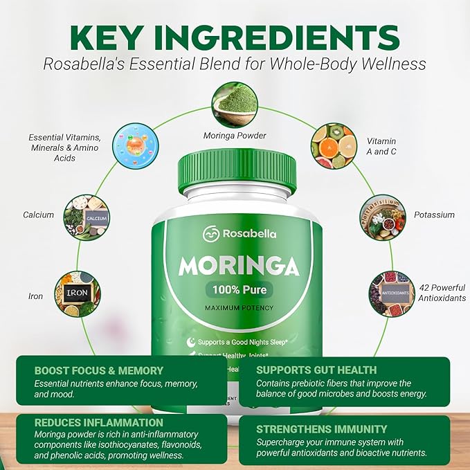 Moringa Powder Capsules - Pure Nutrient-Rich Moringa Powder - A Natural Green Antioxidant Superfood - Supports Energy, Skin Health, Gut Health+ - w/Essential Vitamins & Amino Acids A1 - Pack of 4