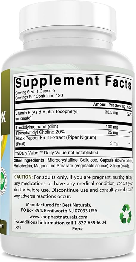Best Naturals DIM Supplement 100 mg 120 Capsules, DIM for Estrogen Metabolism & Balance, For Menopause, Body Building, PCOS & Hormonal Acne