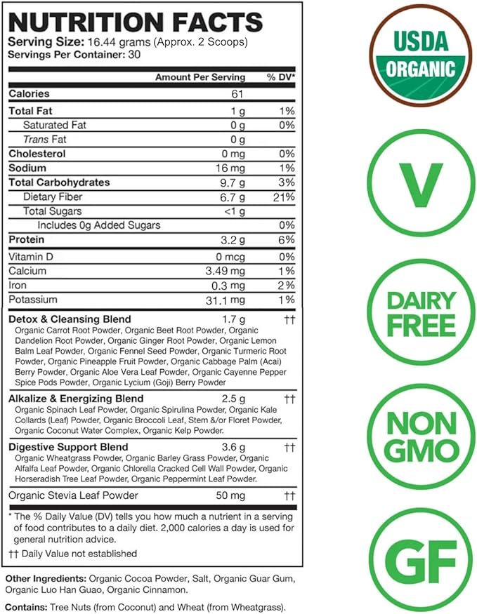 Detox Organics Chocolate Superfood Powder – Cleanse and Detox Smoothie Mix Supplement with Organic Greens Blend, Digestive Enzymes, Immune Support, Bloating Relief, Vegan, Low-Carb (30 Servings)