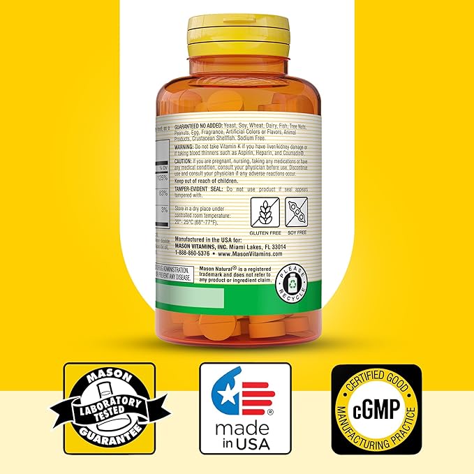 MASON NATURAL Vitamin K2 + D3, 300-Day Supply, with Calcium for Normal Bone and Muscle Support, 100 Tablets (Pack of 3)