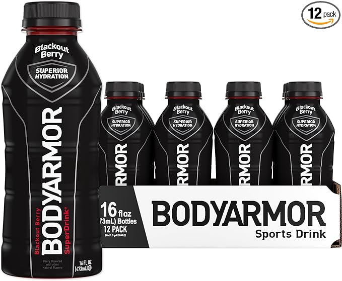 BODYARMOR Sports Drink Sports Beverage, Blackout Berry, Coconut Water Hydration, Natural Flavors With Vitamins, Potassium-Packed Electrolytes, Perfect For Athletes, 16 Fl Oz (Pack of 12)
