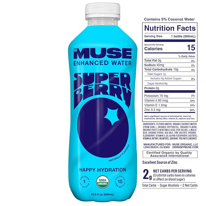 MyMuse Organic Enhanced Flavored Water, Super Berry, 16.9 Fl Oz Bottle (12 pack), 1G of Sugar, Immune Support with Zinc & Elderberry, Antioxidants Vitamin E, Low Calories, USDA organic