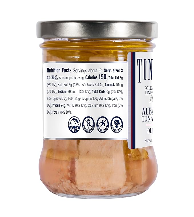 Tonnino Albacore Tuna in Olive Oil 6.3oz Premium 6-Pack: Omega-3 Rich, High Protein, Gluten-Free, Ready-to-Eat Tuna Packets for Tuna Salad, Tuna Fish Alternative to Salmon, Kosher, Pole & Line Caught