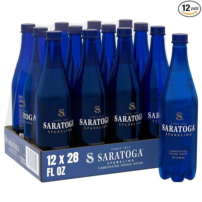 Saratoga Sparkling Water Bottles, 12-Pack - Carbonated Spring Bottled Water with Naturally Occurring Minerals & Electrolytes - Recycled PET Plastic Bottles - 28 Fl Oz
