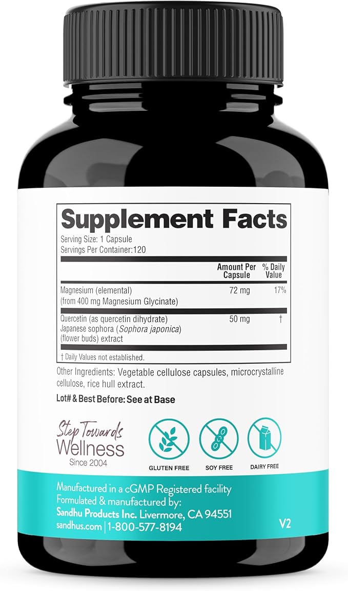 Magnesium Glycinate 400mg Capsules with Quercetin | Quality Sleep, Relaxation, Muscle, Bone Health & Immune Support | 120 Count (Pack of 3) | Easy to Swallow | for Women and Men