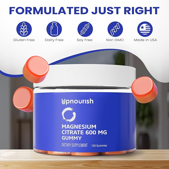 UpNourish Magnesium Gummies for Adults & Kids Magnesium Citrate Gummies 600mg, Calm Supplement for Muscle Relaxation, Bone and Digestive Health, Citrato de Magnesio, Vegan, Non-GMO, 120 Count