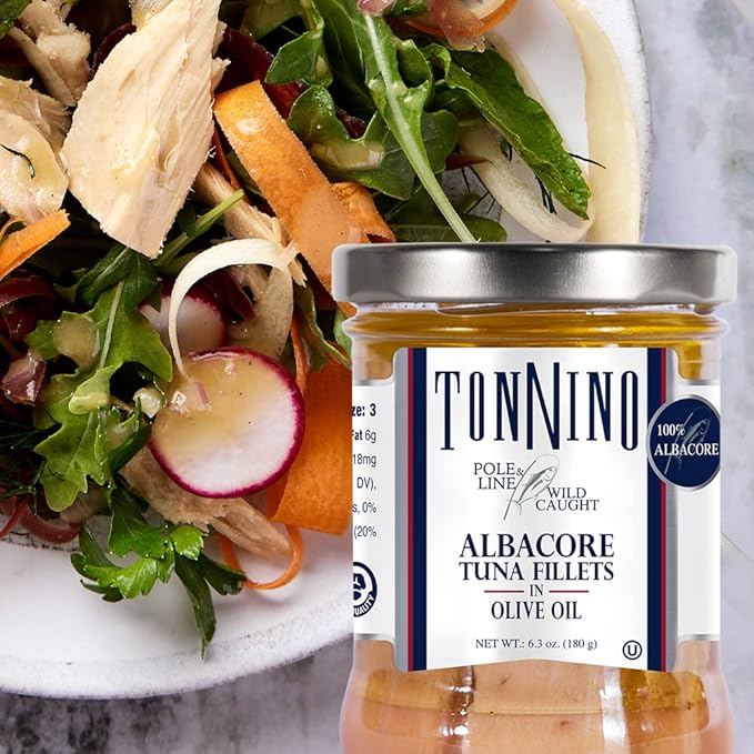 Tonnino Albacore Tuna in Olive Oil 6.3oz Premium 6-Pack: Omega-3 Rich, High Protein, Gluten-Free, Ready-to-Eat Tuna Packets for Tuna Salad, Tuna Fish Alternative to Salmon, Kosher, Pole & Line Caught
