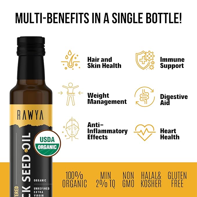 RAWYA Black Seed Oil - Organic Cold Pressed Nigella Sativa - Turkish Origin - USDA Organic - Natural Supplement - Black Cumin Seed Oil - Rich Flavor & High Concentration - 250ml Glass Bottle