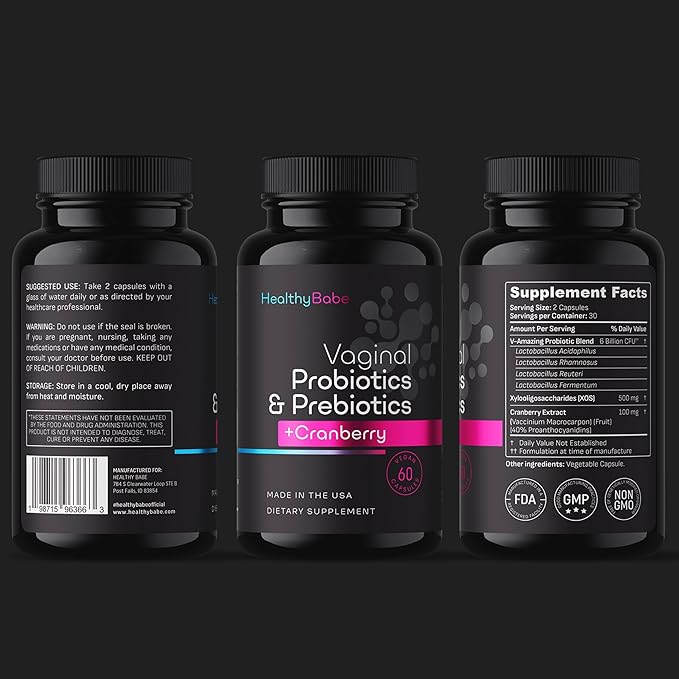 Vaginal Probiotics for Women + Prebiotics & Cranberry Pills, pH Balance, Healthy Odor, Yeast, Immune Support, Positive Microbiome Health, Women’s Acidophilus Probiotic, 60 Vegan Capsules