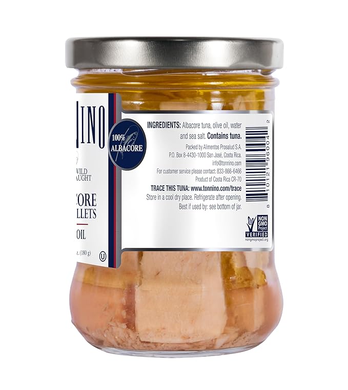 Tonnino Albacore Tuna in Olive Oil 6.3oz Premium 6-Pack: Omega-3 Rich, High Protein, Gluten-Free, Ready-to-Eat Tuna Packets for Tuna Salad, Tuna Fish Alternative to Salmon, Kosher, Pole & Line Caught