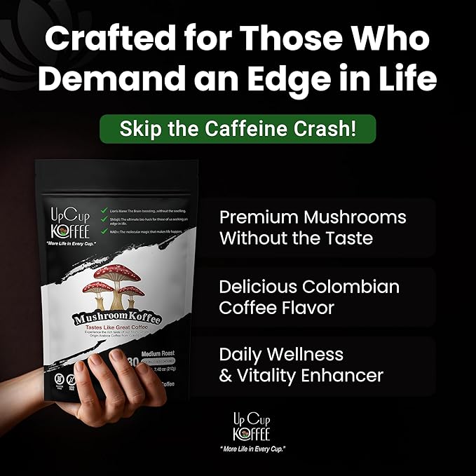 UpCup Koffee Functional Ground Mushroom Coffee - Includes Lions Mane, NAD+, & Himalayan Shilajit for Immune Support & Cognitive Boost - Made with Colombian Beans, Shilajit, & Lion's Mane Mushroom