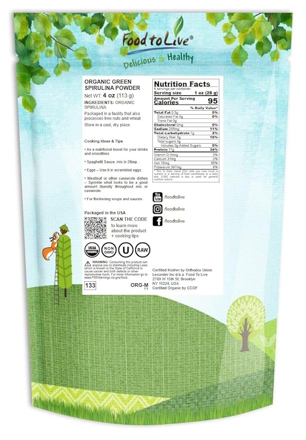 Food to Live Organic Spirulina Powder, 4 Ounces – Non-GMO, Kosher, Raw Blue-Green Algae, Vegan Superfood, Bulk, Non-Irradiated, Pure Vegan Green Protein, Rich in Vitamins & Minerals, Great for Drinks