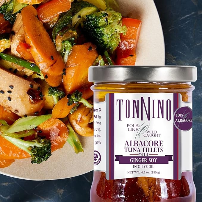 Tonnino Albacore Tuna in olive oil with Ginger Soy 6.3oz 6-Pack Omega-3 Rich, High Protein, Gluten-Free, Ready-to-Eat Tuna Packets for Tuna Salad, Tuna Fish Alternative to Salmon, Pole & Line Caught