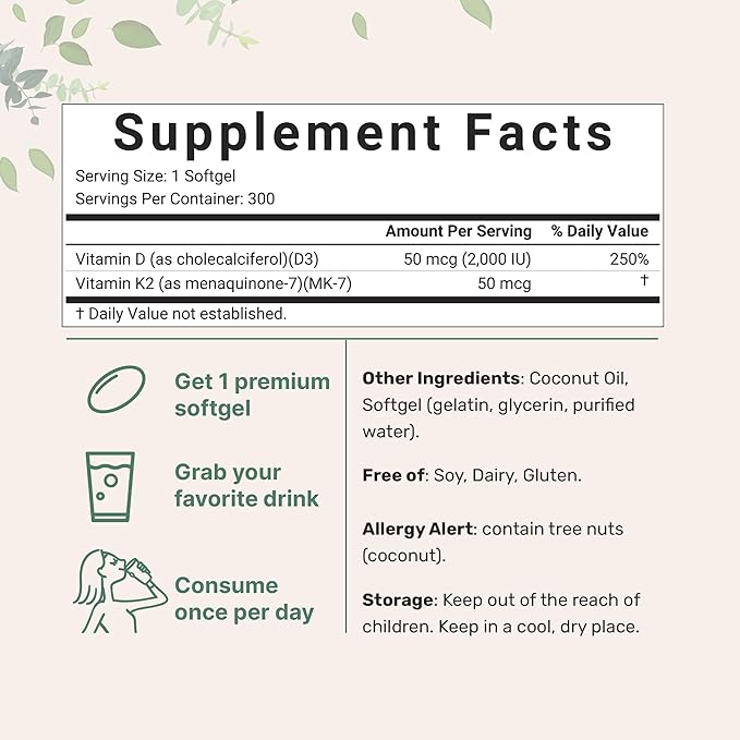 Vitamin D3 2,000 iu Plus K2 (MK-7) 50 50 mcg, 300 Virgin 2 in 1 Vitamins