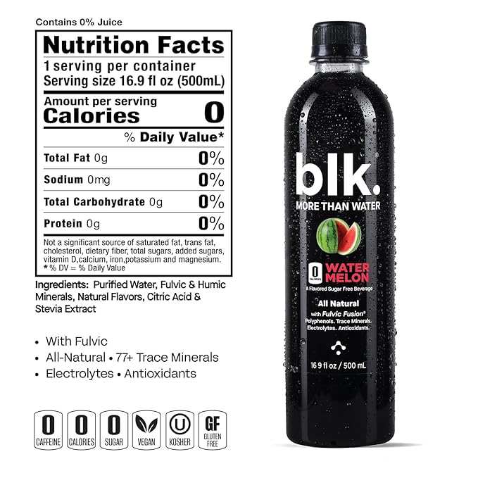 blk. Natural Mineral Alkaline Water, Watermelon, 500 mL Pack of 12, 8 pH Water, Bioavailable Fulvic & Humic Acid Extract, Trace Minerals, Electrolytes to Hydrate, Repair & Restore Cells
