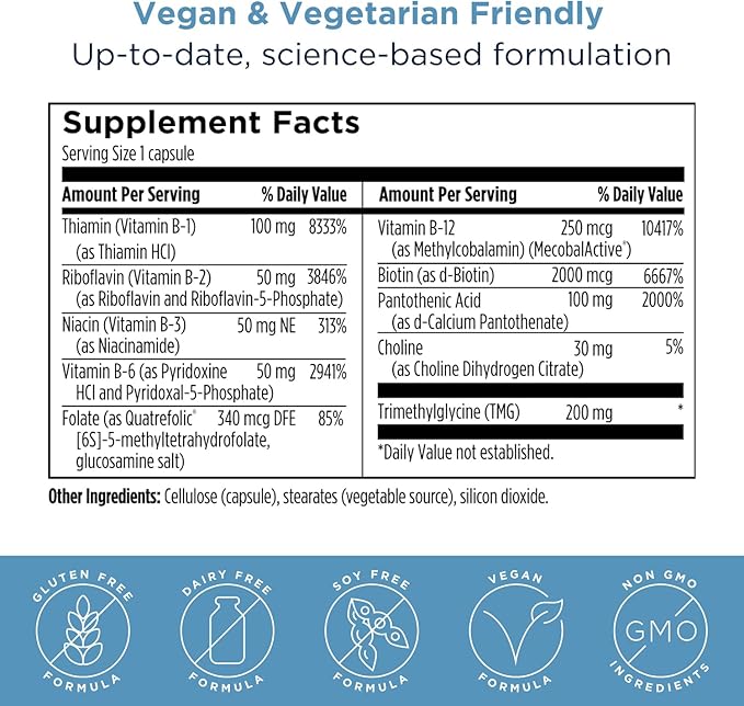 Designs for Health Methylated Vitamin B Complex B12 Vitamins, B1, B3, B3, Niacin, B6, Folate (60 Capsules)