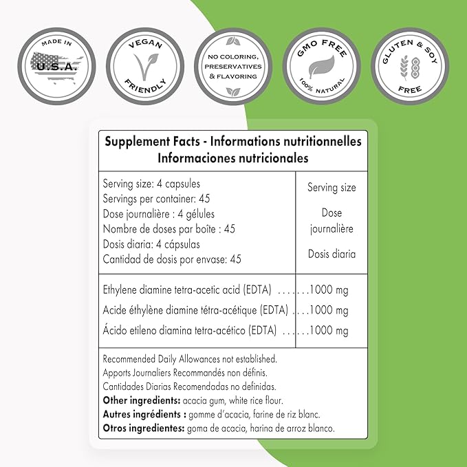 Supersmart - EDTA 1000mg per Day - Calcium Disodium EDTA Supplement | Non-GMO & Gluten Free - 180 Vegetarian Capsules