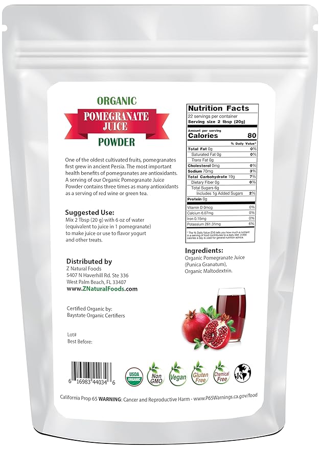 Z Natural Foods Pomegranate Powder - Organic Pomegranate Juice Powder, Pure & Natural Pomegranate Fruit Extract - Nutritious, Antioxidant Superfood for Smoothies, Tea, Yogurt & Culinary Use, 1 lb