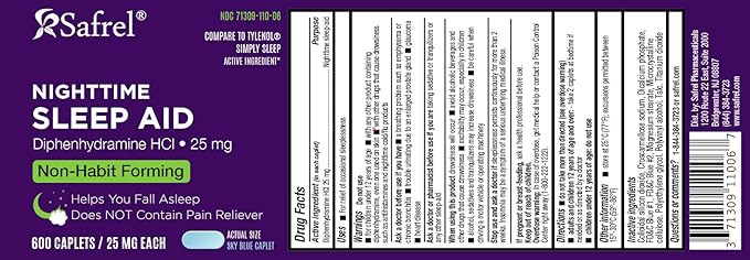 Safrel Nighttime Sleep Aid, Diphenhydramine HCl 25mg (600 Count 1), 600, 600, Count)