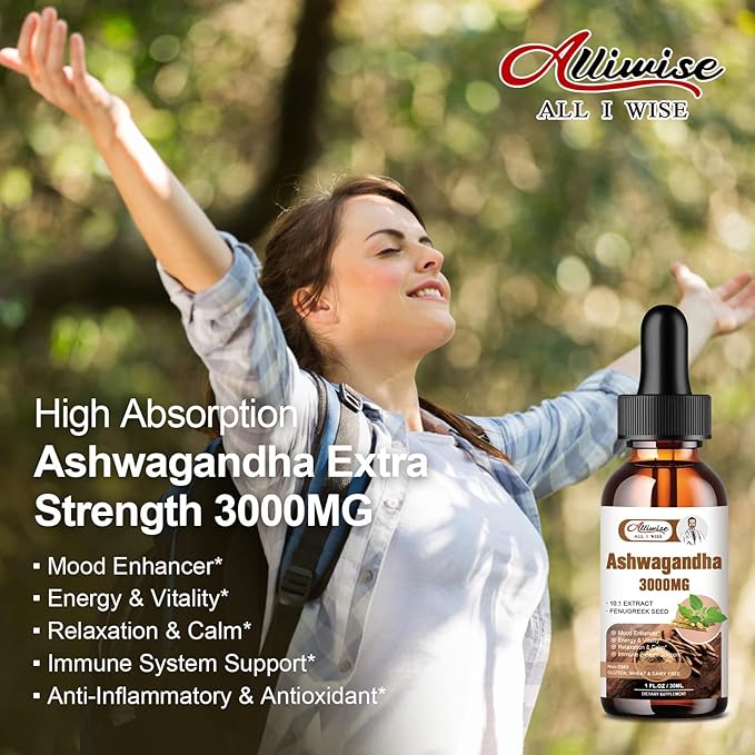 2 Pack Ashwagandha Supplement Liquid Drops 3000mg with VitaminD3,Fenugreek Seeds,Magnesium