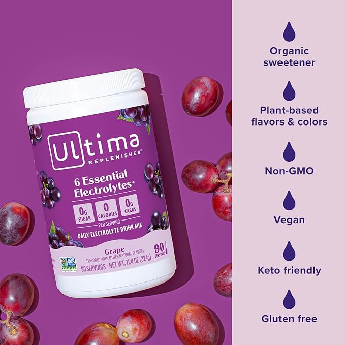 Ultima Replenisher Daily Electrolyte Powder Drink Mix – Grape, 90 Servings – Hydration Powder with 6 Key Electrolytes and Trace Minerals – Keto Friendly, Vegan, Non-GMO and Sugar-Free