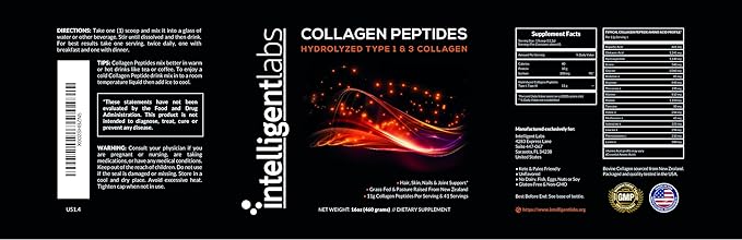 Intelligent Labs Hydrolyzed Type 1 and 3 Collagen 100% Cruelty-Free 11g per 41 Servings