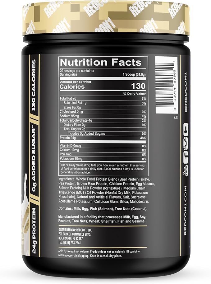 REDCON1 MRE Lite Whole Food Protein Powder, Vanilla - Low Carb & Whey Free Meal Replacement with Animal Protein Blends - Easy to Digest Supplement Made with MCT Oils (20 Servings)