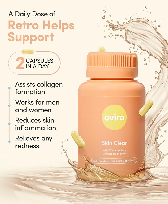 Ovira Skin Clear with ZINCBRIGHT - 60 Capsules for Clear and Glowing Skin | Rosacea & Hormonal Acne Treatment | Support Collagen Production | Acne Supplements for Women & Men - Pack of 1